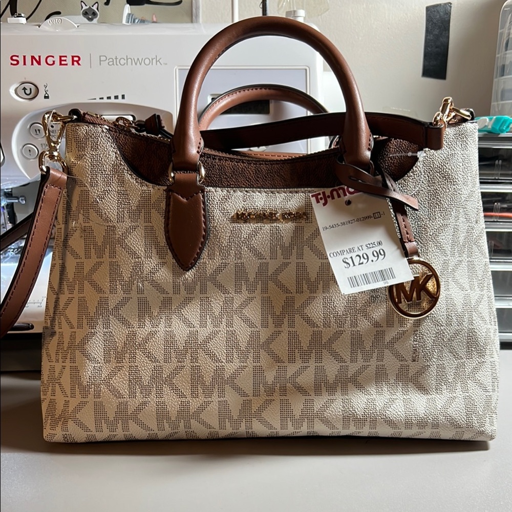NWT Michael Kors Brown and Cream Satchel with Monogram Pattern